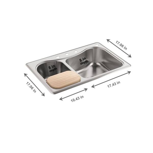 Staccato Drop-In Stainless Steel 33 in. 4-Hole Double Offset Bowl Kitchen Sink with Included Hardwood Cutting Board
