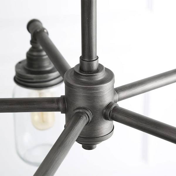 5-Light Rustic Brushed Black Pipe Chandelier with Modern Industrial Dark Gray Accents and Clear Mason Jar Glass Shades