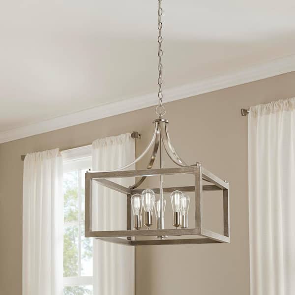 Boswell Quarter 14 in. 3-Light Brushed Nickel Farmhouse Square Chandelier with Painted Weathered Gray Wood Accents