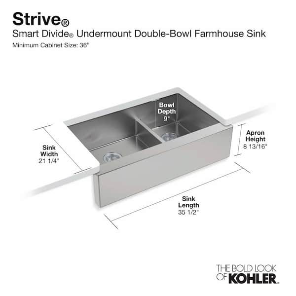 Strive Farmhouse Apron Front Undermount Stainless Steel 36 in. Double Basin Kitchen Sink with Basin Rack