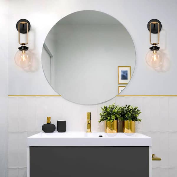14.5 in. H Transitional Globe Bathroom Wall Sconce 1-Light Industrial Black and Brass Round Wall Light for Bedroom