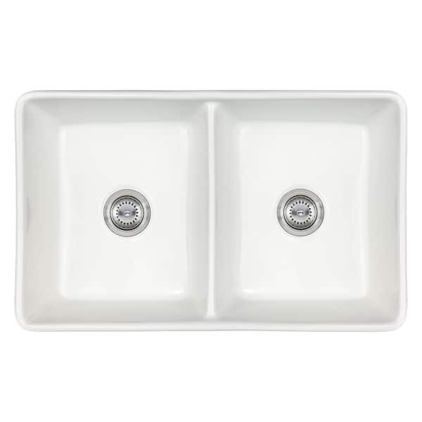 29.87 in. Undermount Single Bowl White Fireclay Kitchen Sink with Strainer Baskets