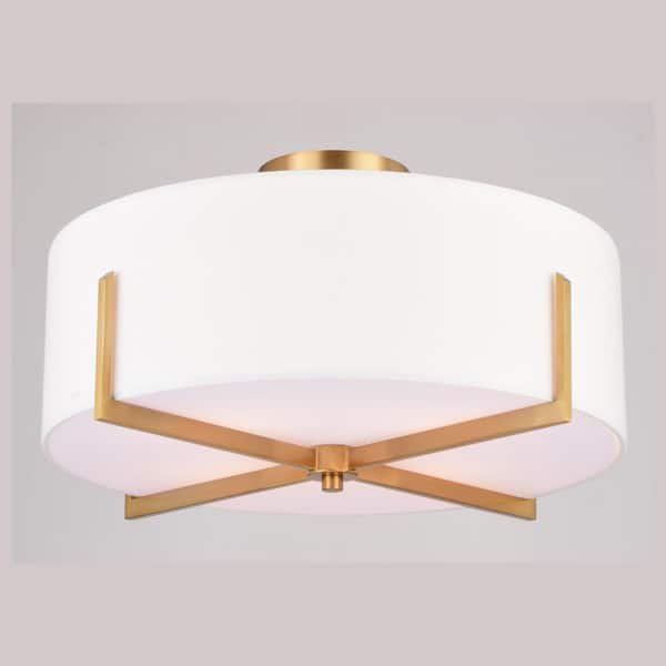 Surrey 18-in W Natural Brass Mid-Century Modern Semi Flush Mount Ceiling Light White Linen Drum Shade