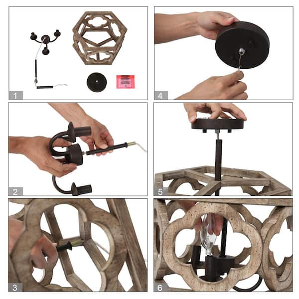 Farmhouse Antique Wood Drum Semi-Flush Mount 3-Light Rustic Kitchen Island Ceiling Lamp with Rusty Bronze Candle Holders