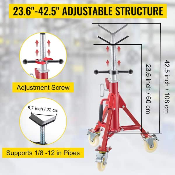 Pipe Jack Stand w/Casters 882 lbs. V Head Pipe Stand Adjustable Height 23.6 in., 42.5 in. Folding Pipe Stands 1/8-12 in.