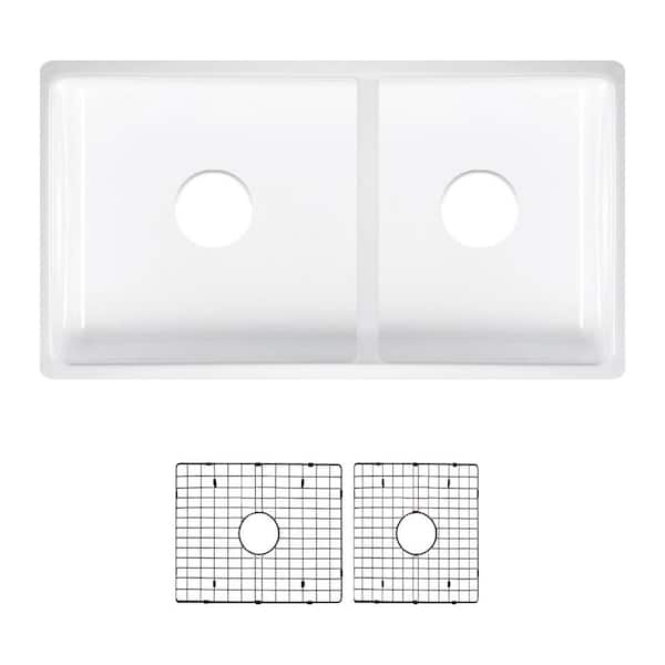 Fine Fireclay 33 in. Farmhouse/Apron-Front Double Bowl Fireclay Kitchen Sink with Bottom Grids