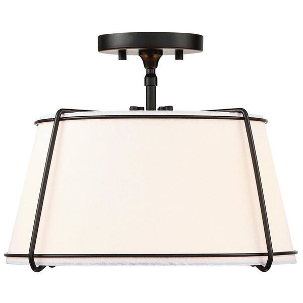 Celina 15 in. 2-Light White Fabric Semi-Flush Mount Light With Black Hardware