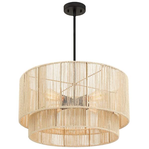 22 in. 4-Light Rattan Tiered Drum Pendant Chandelier Light with Black Canopy