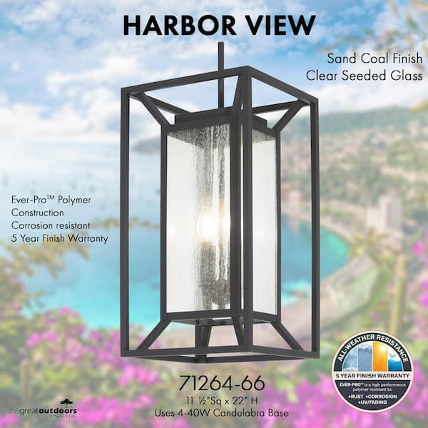 Harbor View 4-Light Sand Black Outdoor Lantern Pendant with Clear Seeded Glass