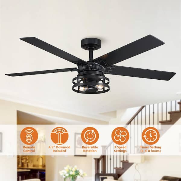 52 in. Industrial Downrod Mount Black Ceiling Fan with Remote Control and Light Kit