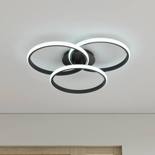 21.65 in. 3-Light Modern Black 40-Watt LED Semi-Flush Mount 3 Rings Circle Close to Ceiling Light Fixture