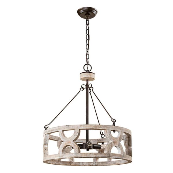 Farmhouse 3-Light Distressed White Wood Drum Chandelier Dining Room Pendant Lighting