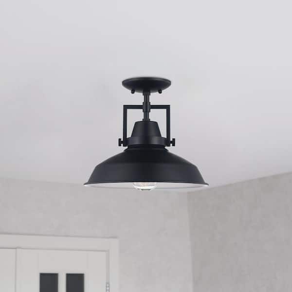 12 in. 1-Light Black Industrial Farmhouse Semi-Flush Mount Ceiling Light Fixture with Metal Shade