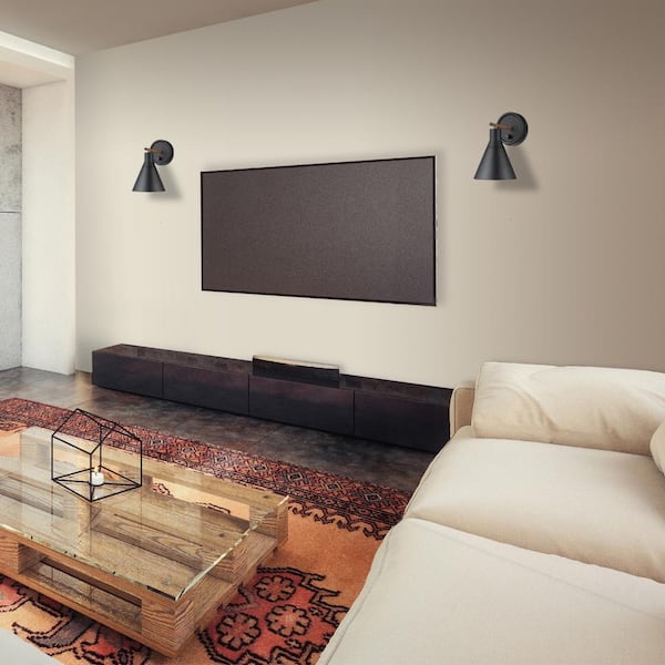 Tristan 4.8 in. Matte Black Plug-In or Hardwire Sconce with Faux Walnut Accent, Black Fabric Cord