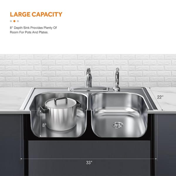 33 in. Drop-in Double Bowl 20 Gauge Stainless Steel Kitchen Sink