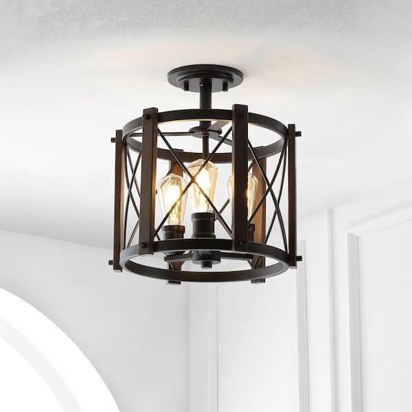 Ferme 14 in. 3-Light Iron Rustic Farmhouse LED Flush Mount, Brown/Oil Rubbed Bronze