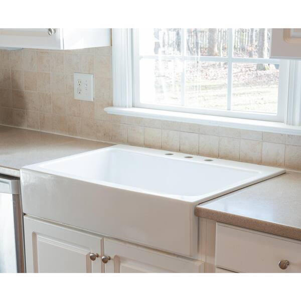 Josephine 34 in. 3-Hole Quick-Fit Drop-In Farmhouse Single Bowl Crisp White Fireclay Kitchen Sink with Strainer Drain