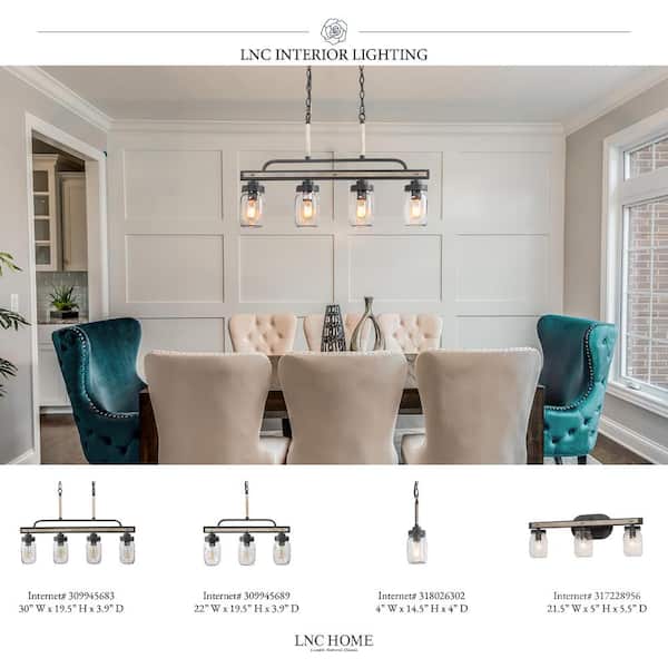 Modern Farmhouse Greyish Black 4-Light Linear Chandelier with Faux Wood Accent Island Pendant with Mason Jar Glass Shade