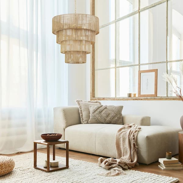 5-Light Distressed Gold Oversize Pendant Light with Rattan Shade (4-Tiered)