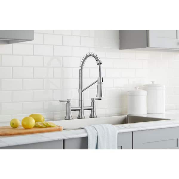 Pritchard Two-Handle Spring Neck Pull-Down Sprayer Bridge Kitchen Faucet in Stainless Steel