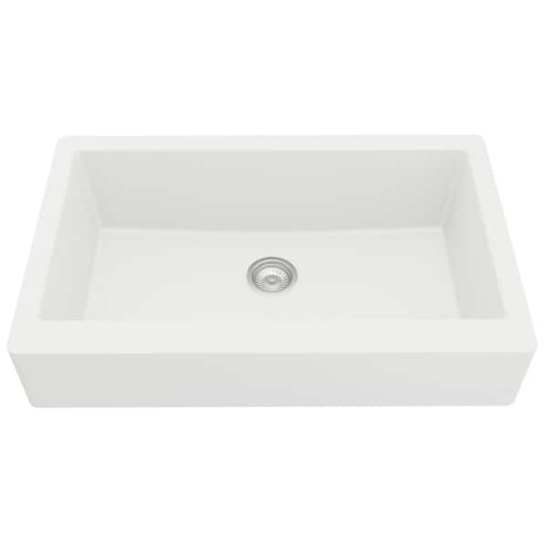 QAR-740 Quartz/Granite 34 in. Single Bowl Retrofit Farmhouse/Apron Front Kitchen Sink in White with Grid and Strainer