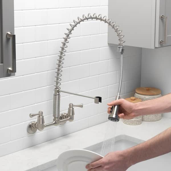 2-Handle Wall-Mount Pull-Down Sprayer Kitchen Faucet in Stainless Steel