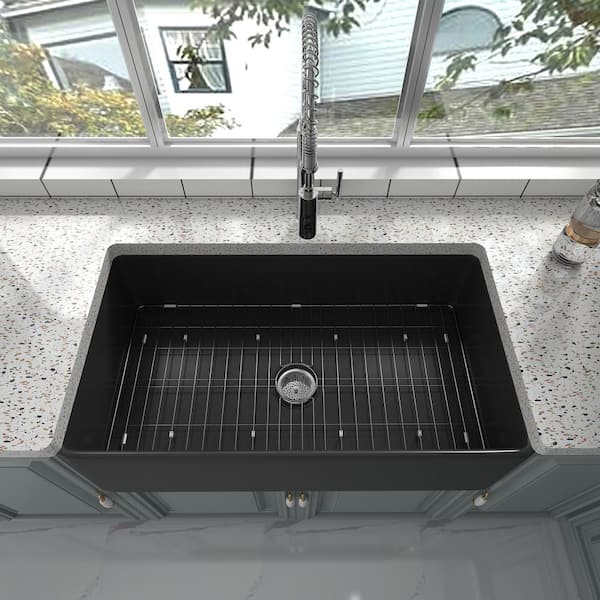 Black Fireclay 36 in. Single Bowl Farmhouse Apron Kitchen Sink with Bottom Grid and Basket Strainer