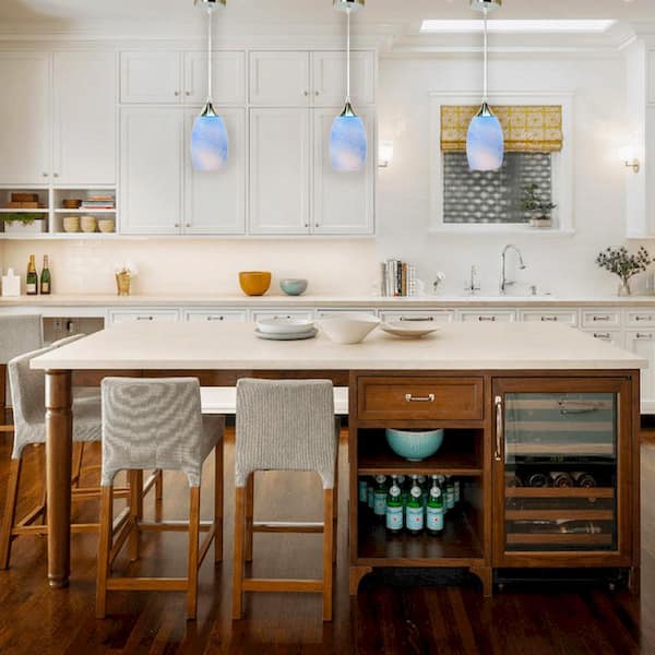 1-Light Oval Nickel Hand Blown Blue Glass Shade Pendant (Pack of 3)