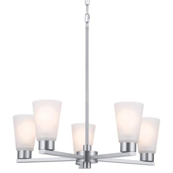 Stamos 24 in. 5-Light Brushed Nickel Modern Shaded Circle Dining Room Chandelier with Satin Etched Glass Shades