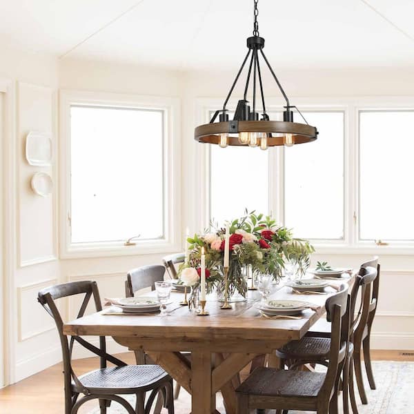 Brown Round Chandelier, Rustic 5-Light Wagon Wheel Black Chandelier Farmhouse Island Pendant Light with Wood Accents