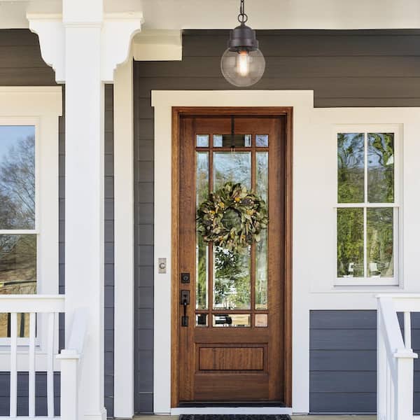 Greet 1-Light Farmhouse Rustic Bronze Outdoor Pendant Hanging Ceiling Light with Seeded Glass Shade