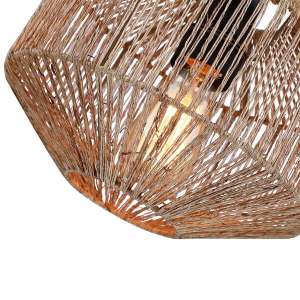 10.2 in. 1-Light Bohemian Natural Jute Rope Semi-Flush Mount Ceiling Light with Black Hardware
