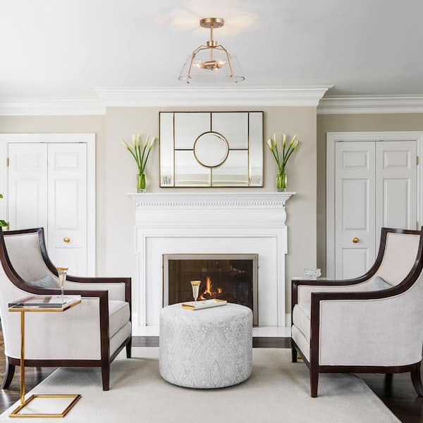 Firefly 13 in. 3-Light Antique Gold Semi Flush Mount Lighting Modern Foyer with Open Seedy Glass Shade