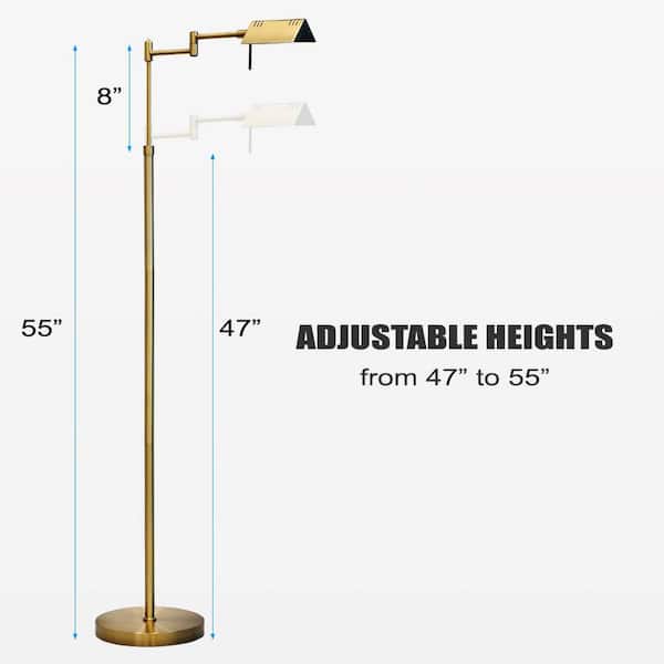 FL05D, 55in, Gold, Full Range Dimmable LED Pharmacy Floor Lamp, 12W LED, 360 Degree Swing Arms, Adjustable Heights