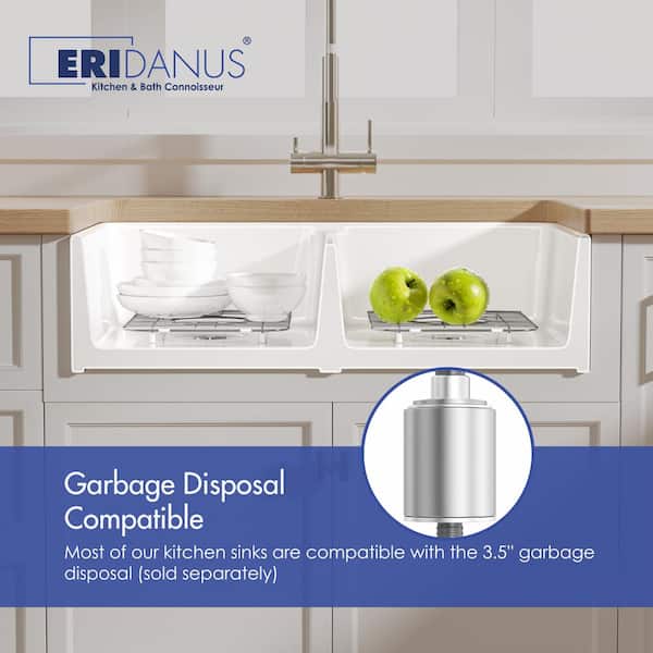 Denbigh Crisp White Fireclay 33 in. Double Bowl Farmhouse Apron Kitchen Sink with Bottom Grid