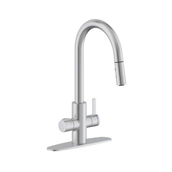 HotMaster 4-in-1 Single-Handle Pull Down Kitchen Faucet with DigiHot Instant Hot Water Tank in Stainless Steel