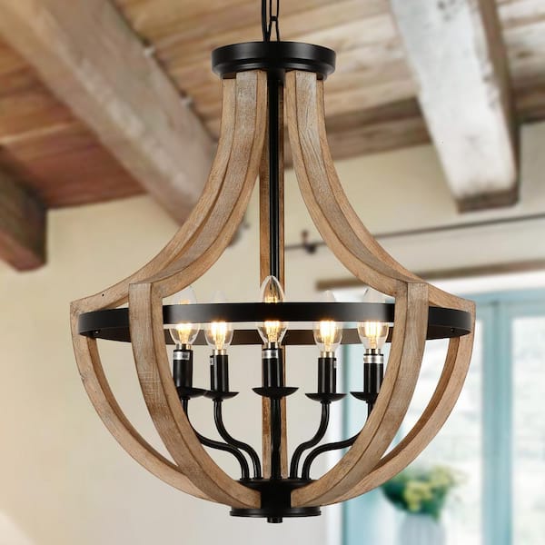 5-Light Semi-Globle Natural Wood Grain Finish Farmhouse Chandelier, Ceiling Light with Adjustable High
