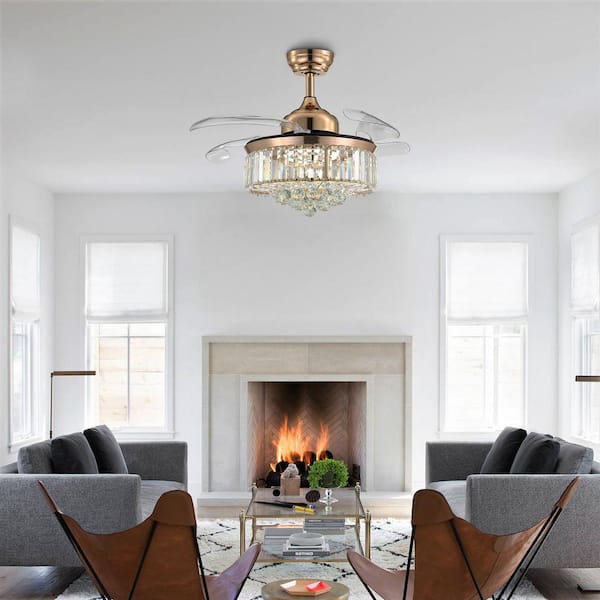 36 in. Integrated LED Indoor Gold Crystal Chandelier Retractable Blades Ceiling Fan with Light and Remote