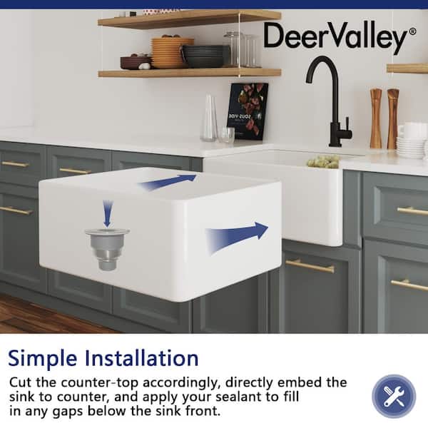 DeerValley Perch White Ceramic 24 in. L Rectangular Single Bowl Farmhouse Apron Kitchen Sink with Grid and Strainer