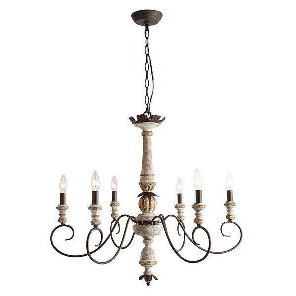 Farmhouse Antique Wood Candlestick Island Chandelier, Classic 6-Light Rustic Rusty Bronze Light with Imitation Gold Leaf
