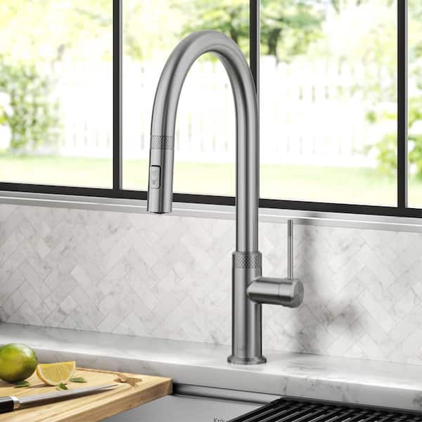 Oletto Modern Industrial Pull-Down Single Handle Kitchen Faucet in Spot Free Stainless Steel