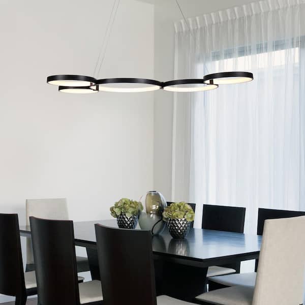 Capella 80-Watt ETL Certified Integrated LED Black Chandelier Height Adjustable 50 in. Pendant Light with 5 LED Circles