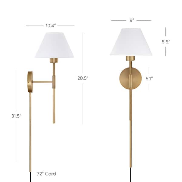 Millie 9 in. W 1-Light Brass Modern Wall Sconce, Wall Mounted Plug-in Bedside Reading Lamp with Cotton Shade
