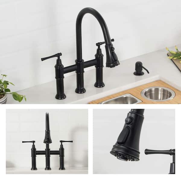Allyn Double Handle Transitional Bridge Kitchen Faucet with Pull-Down Sprayhead in Matte Black