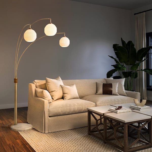 85 in. Walnut Moraga Bone Porcelain 3-Light Arc Lamp