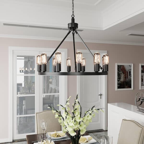 Bismarck 12 -Light Black Unique Wagon Wheel Chandelier with Wrought Iron Accents