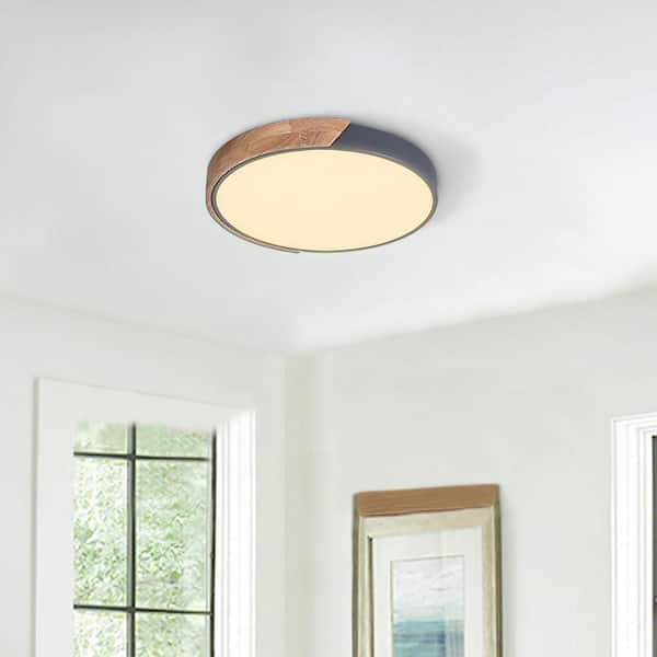 Lumin 19.7 in. 1-Light Wood and Gray Finish Dimmable LED Flush Mount for Bedroom Kitchen Living Room (3000K)