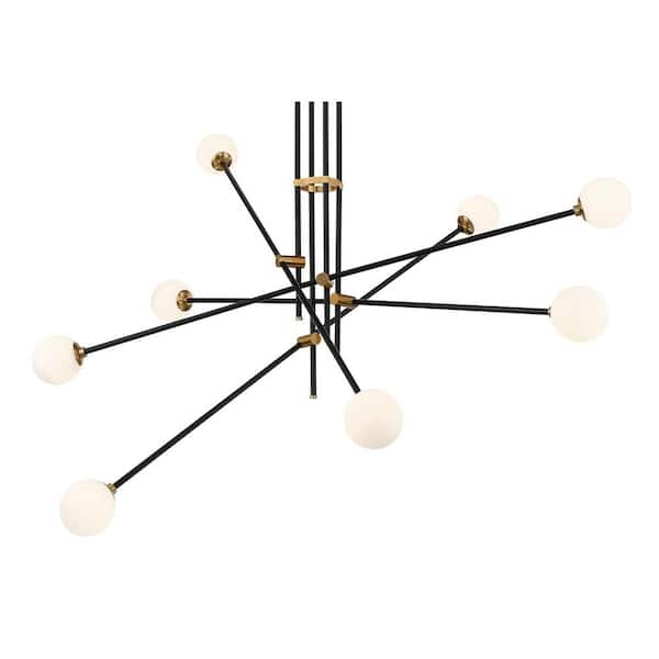 Cosmet 8-Light Black and Aged Brass Chandelier with Etched Opal Glass Shades