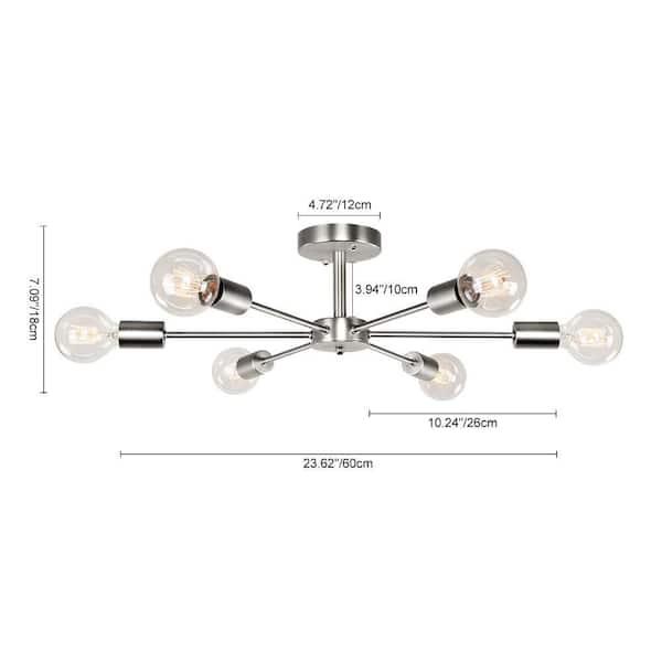 Gallman 23.62 in. 6-Light Nickle Mid-Century Pendant Ceiling Light Sputnik Semi-Flush Mount