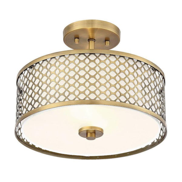 13 in. W x 10 in. H 2-Light Natural Brass Semi-Flush Mount with White Fabric Shade and Geometric Metal Frame